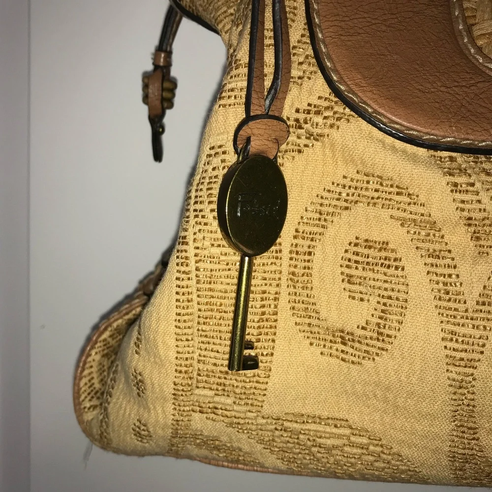 Fossil Vtg Tapestry & Leather Carpet Satchel Shoulder Bag Purse EUC